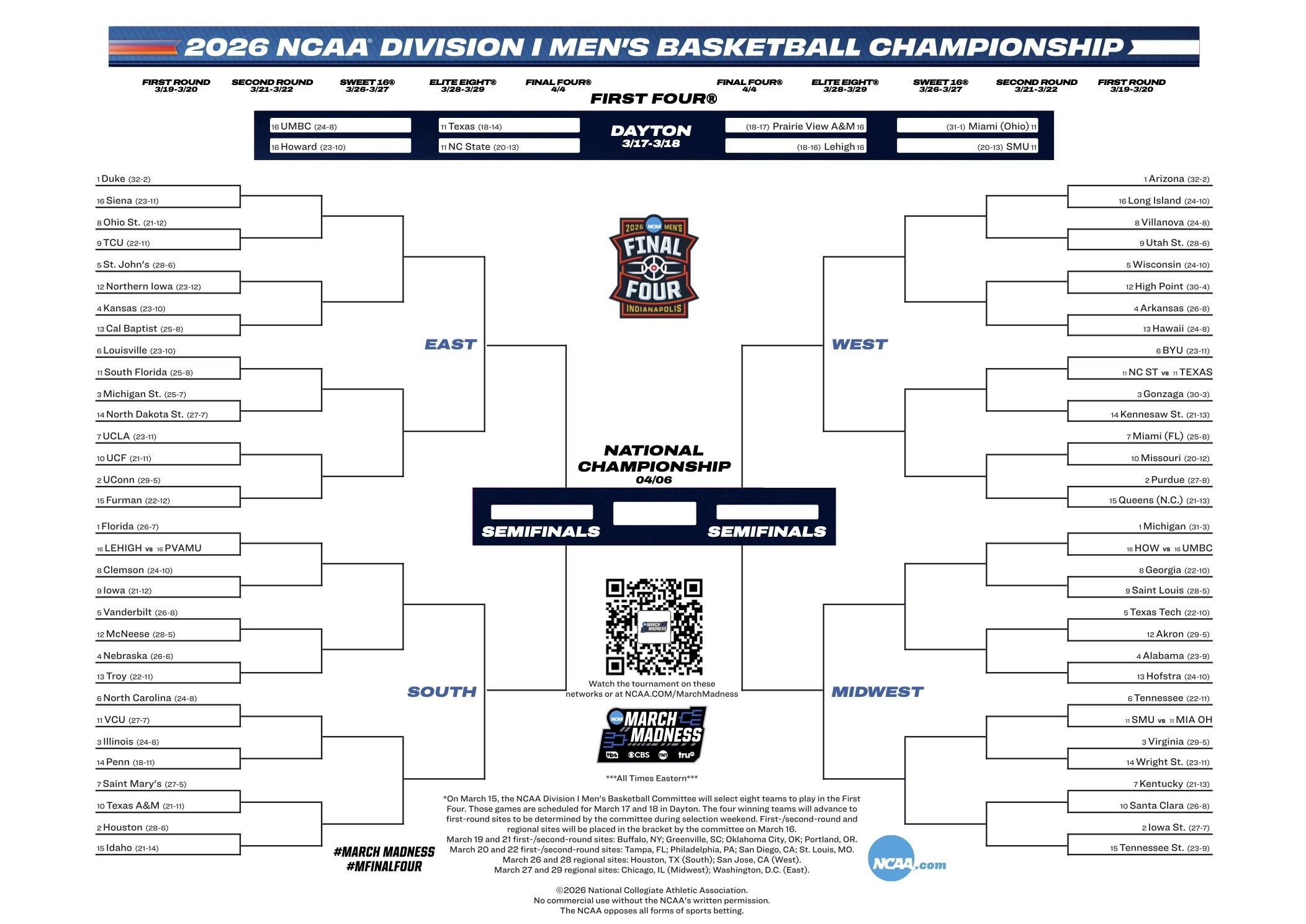 Here is the 2026 NCAA tournament bracket for March Madness.